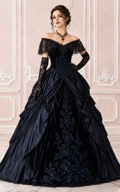 Schwarzes schulterfreies, drapiertes Jacquard-Ballkleid im Gothic-Stil