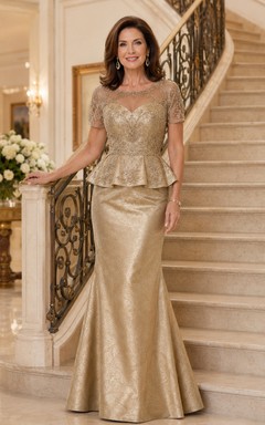 Antique Gold Elegant Scoop-Neck Metallic-Jacquard Mermaid Floor-Length Mother of the Bride Gown with Cap Sleeves and Peplum