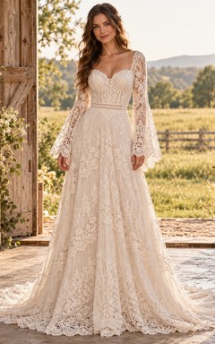 Boho Long Bell Sleeve Sweetheart Lace A-Line Train Wedding Dress