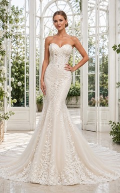 Luxury Strapless Sleeveless Chapel Train Lace Mermaid Bridal Dress