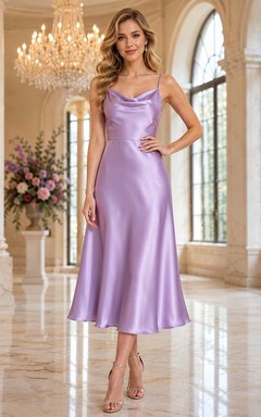 Robe de cocktail midi en satin lavande à fines bretelles et col bénitier
