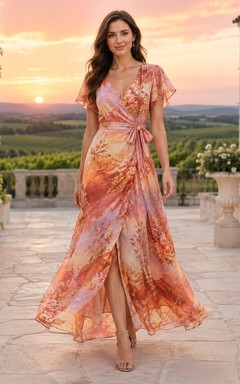 Robe bohème longue à manches papillon en mousseline corail à imprimé floral, style portefeuille, en mousseline, ornée de fleurs corail