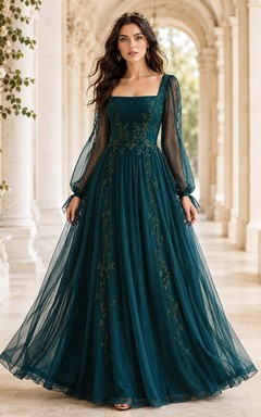 Luxury Teal Tulle A-Line Floor-Length Square Neck Long Sleeve Formal Dress