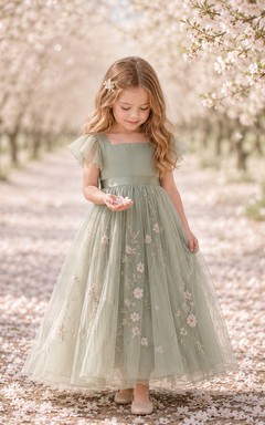 Tüll-Blumenmädchenkleid mit Puffärmeln