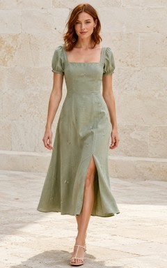 Sage square neck puff sleeve A-line midi dress slit