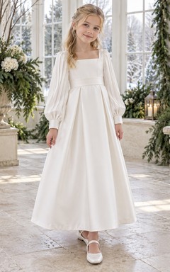 White Satin Square Neck Long Bishop Sleeve Ankle Length Flower Girl Dress