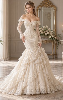 Victorian Mermaid Off Shoulder Long Sleeve Ruffled Lace Wedding Dress