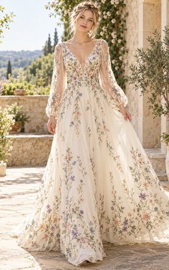Floral Long Sleeve V-neck Embroidered Tulle A-line Train Wedding Dress
