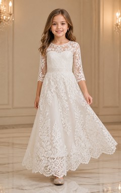 Modest Junior Bridesmaid Ankle-length A-Line Scoop Three-quarter Sleeve Lace Dress