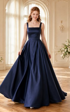 Navy Blue Square Neck Straps Satin Ball Gown Wedding Dress