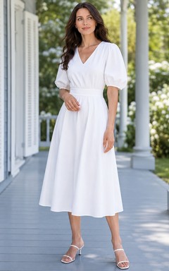 Modest Tea-Length V-Neck Puff Sleeve Chiffon A-Line Civil Bridal Wedding Dress