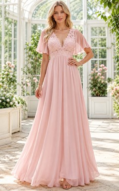 Blush Empire Waist Lace Flutter Sleeve V-Neck Chiffon Maxi Guest Dress