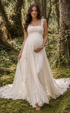 Maternity Wedding Dress Square Neck Lace Strap A-Line Bridal Gown with Soft Sweep Train