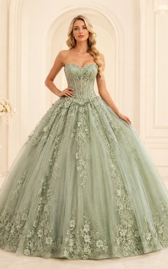 celadon Green Luxury Strapless Sweetheart Floral Lace Applique Princess Quinceanera Ball Gown