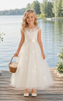 A-Line Flowergirl Lace Tulle Floor-Length Sleeveless Floral Applique Lakeside Wedding Dress