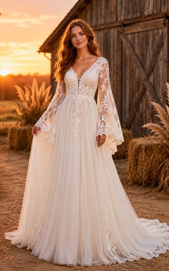 Fall Boho Off Shoulder Bell Sleeve A-Line Wedding Dress