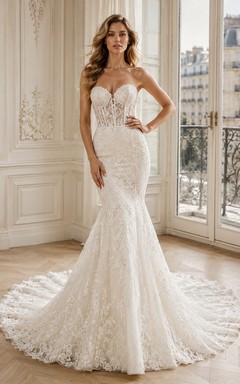 Romantisches Brautkleid mit Meerjungfrauen-Schleppe, floraler Spitze und luxuriöser Kathedralenschleppe