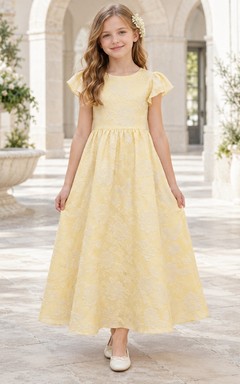 Yellow Floral Bateau Flutter Sleeve Jacquard A-line Flower Girl Dress