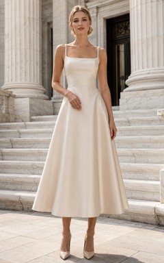 Robe de mariée midi en satin Champagne Courthouse à col carré et coupe trapèze