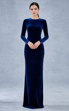 Modest Ink Navy Velvet Sheath Floor-Length High Neck Long Sleeve Evening Dress