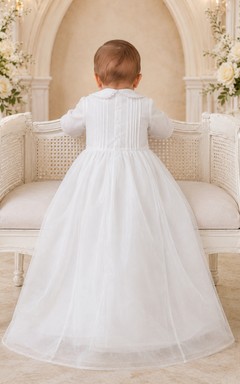 Taufkleid mit Kreuzstickerei, A-Linie, aus Tüll-Satin, hoher Kragen, lange Ärmel