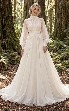 High Neck Long Sleeve Wedding Dress with Blouse Bodice Organza A-Line Sweep Train