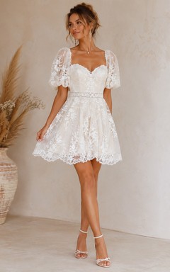 Boho Short Lace Wedding Dress with Puff Sleeves, Sweetheart Neckline & Scalloped Bridal Mini Skirt