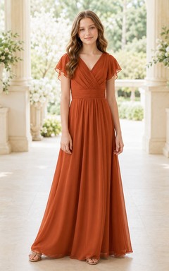 Vestido de dama de honor juvenil moderno de gasa naranja con mangas acampanadas, escote en V y corte en A, largo hasta el suelo.