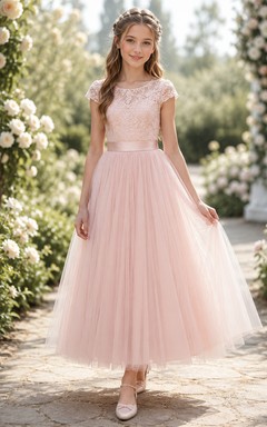 Flower Girl Dress Blush Lace Tulle A-Line Jewel Neck Tea Length
