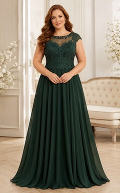 Dunkelgrünes, plissiertes A-Linien-Abendkleid mit Spitzenkappenärmeln