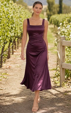 Plum square neck satin A-line vineyard guest midi dress