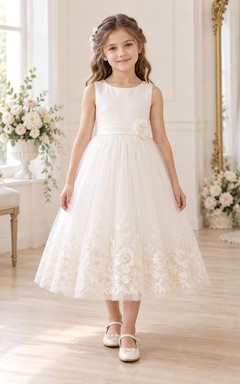 Teelanges, elfenbeinfarbenes A-Linien-Kleid mit floraler Spitze und Tüllborte, ärmellos, mit Bordüre für Blumenmädchen