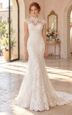 High Neck Cap Sleeve Mermaid Floral Lace Button Wedding Dress