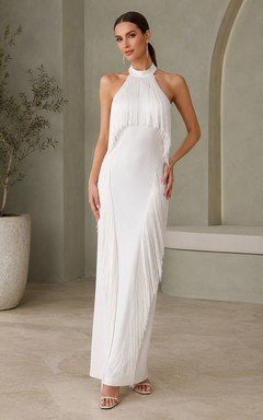 White Jersey Halter Sleeveless Slit Sheath Floor-length Dress