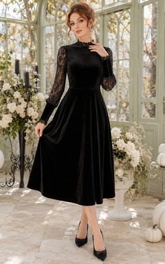 Robe d'Halloween midi en velours noir à col montant et manches en dentelle