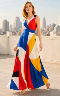 Robe maxi imprimée à blocs de couleur et imprimé abstrait, sans manches, col en V, pour toutes les occasions