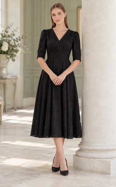 Modest Black V-Neck Elbow Sleeve Lace Pleated Midi Dress