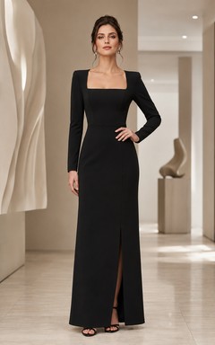 Black Square Neck Long Sleeve Sheath Gown With Slit