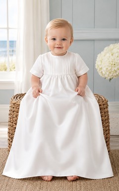 Schlichtes, mattes Satin-Taufkleid in A-Linie mit kurzen Ärmeln, bodenlang