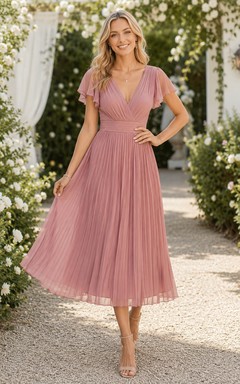 Vestido plisado de largo midi con escote en V y mangas con volantes, color malva