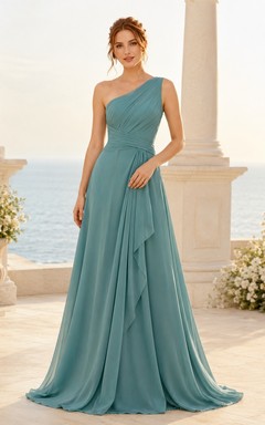 Modernes, bodenlanges Brautkleid aus türkisfarbenem Chiffon mit One-Shoulder-Ausschnitt und Drapierung