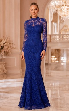 Royal Blue High Neck Illusion Long Sleeve Lace Mermaid Dress