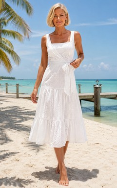 Resort Ease White A-Line Tea-Length Square Sleeveless Chiffon Casual Guest Dress