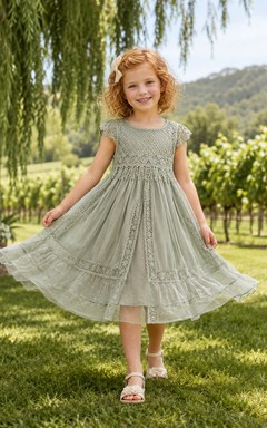 A-Line Flowergirl Crochet Lace Chiffon Tea-Length Flutter Sleeve Bohemian Wedding Dress with Tiered Skirt
