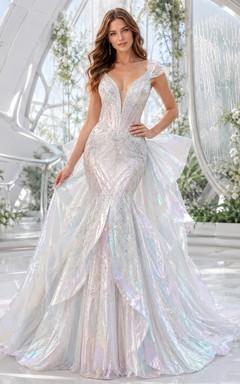 Vestido de novia moderno de sirena con escote en V y lentejuelas plateadas hasta el suelo