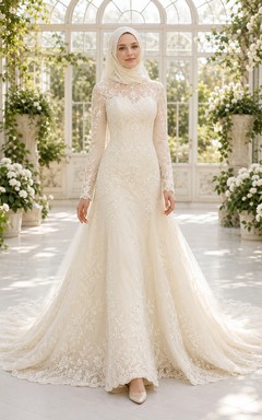 Modest Muslim Long Sleeve Lace A-Line Bridal Gown With Chapel Train