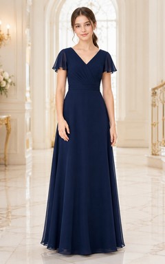 Dark Navy Junior Bridesmaid Dress A-Line V-Neck Short Sleeves Elegant