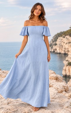 Pale Blue Off Shoulder Ruffle Floor Length A Line Beach Dress