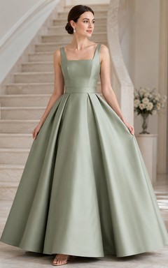 Vestido elegante de gala largo hasta el suelo, sin mangas, de corte en A, de satén color salvia y escote cuadrado.