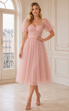 Pearl Pink Sweetheart Puff-Sleeve Tulle A-Line Romantic Tea-Length Bridesmaid Dress